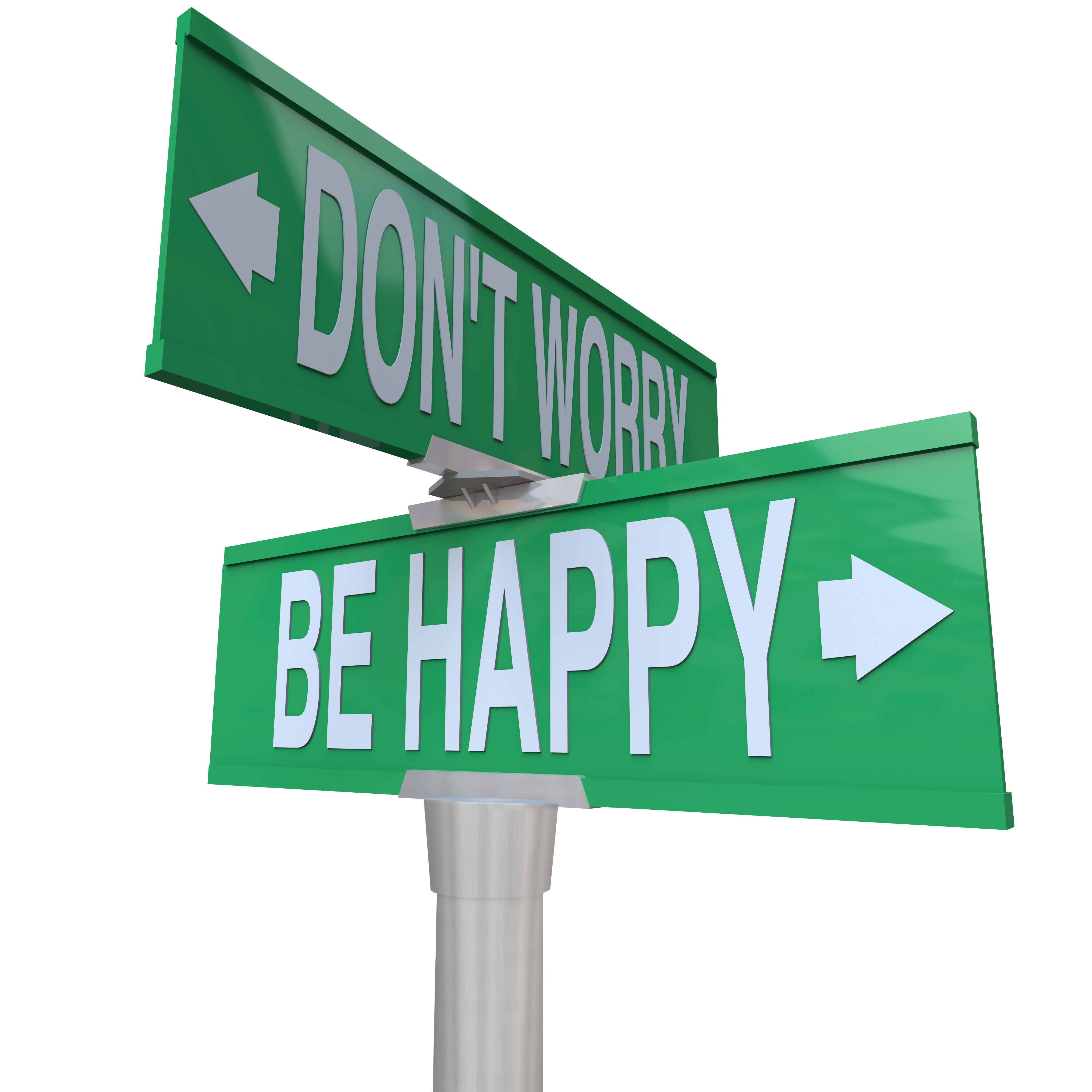 Two-way street or road signs pointing in different directions with the words Don't Worry and Be Happy